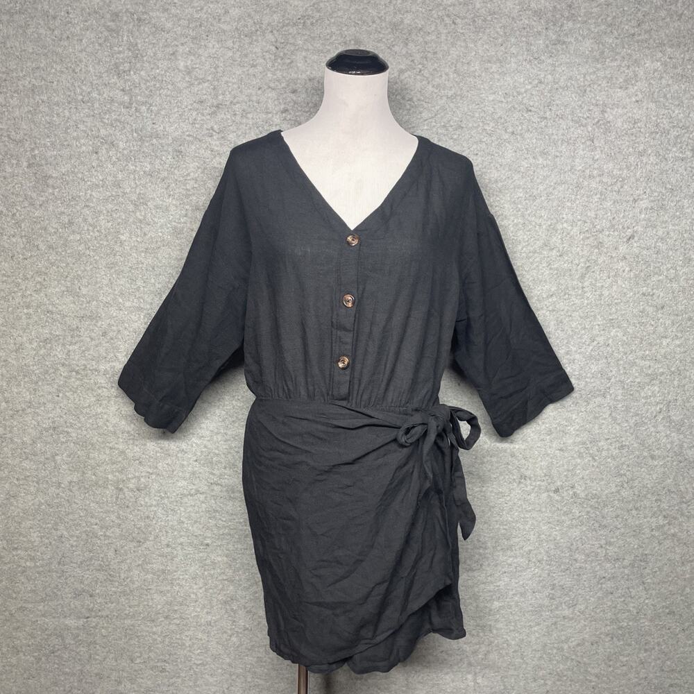 NEW AnyBody Womens MP Black Linen Blend Romper Wrap Button Front Casual Summer